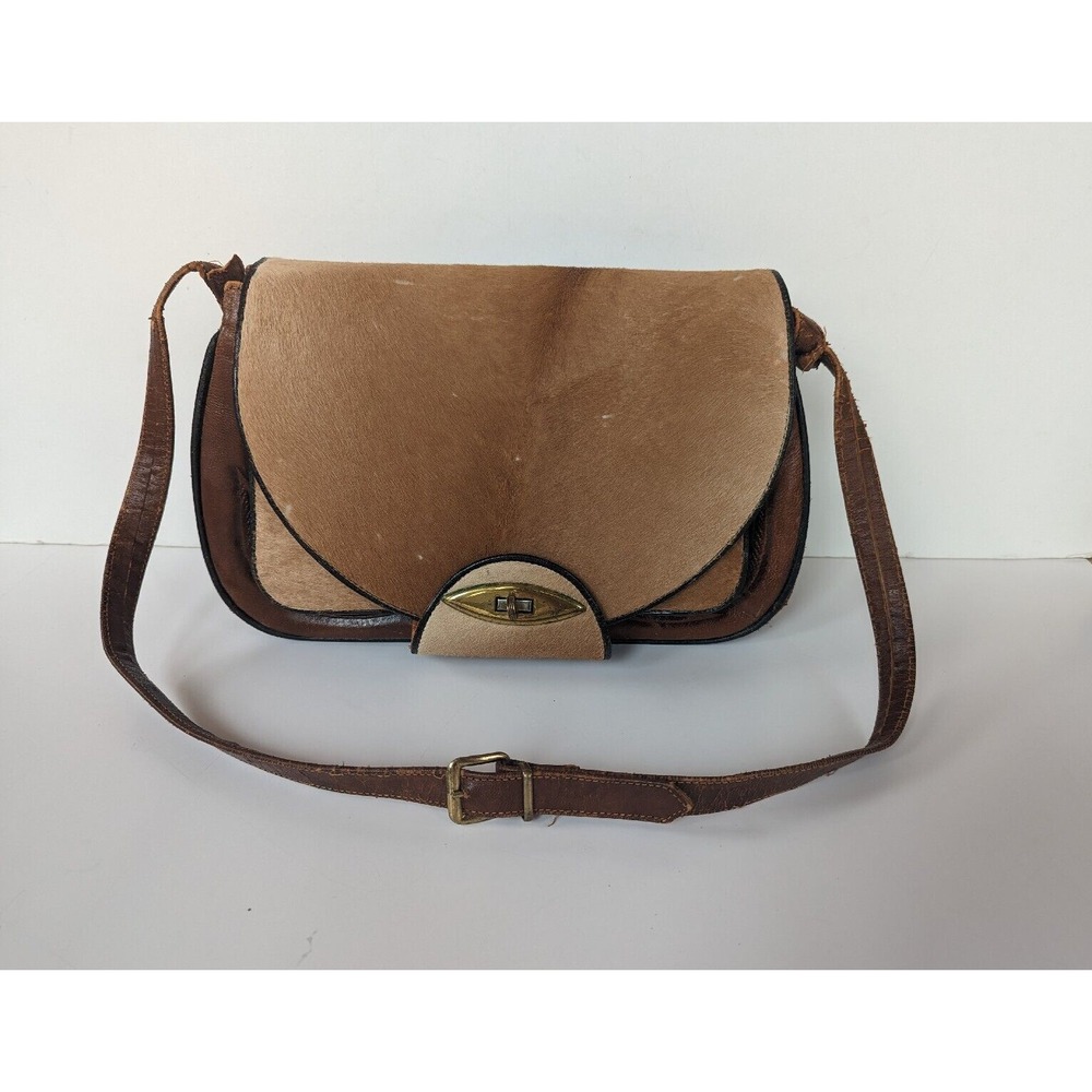 Vintage Purse Leather Cow Hide Shoulder Bag 1960s Mexican Aztec Handbag